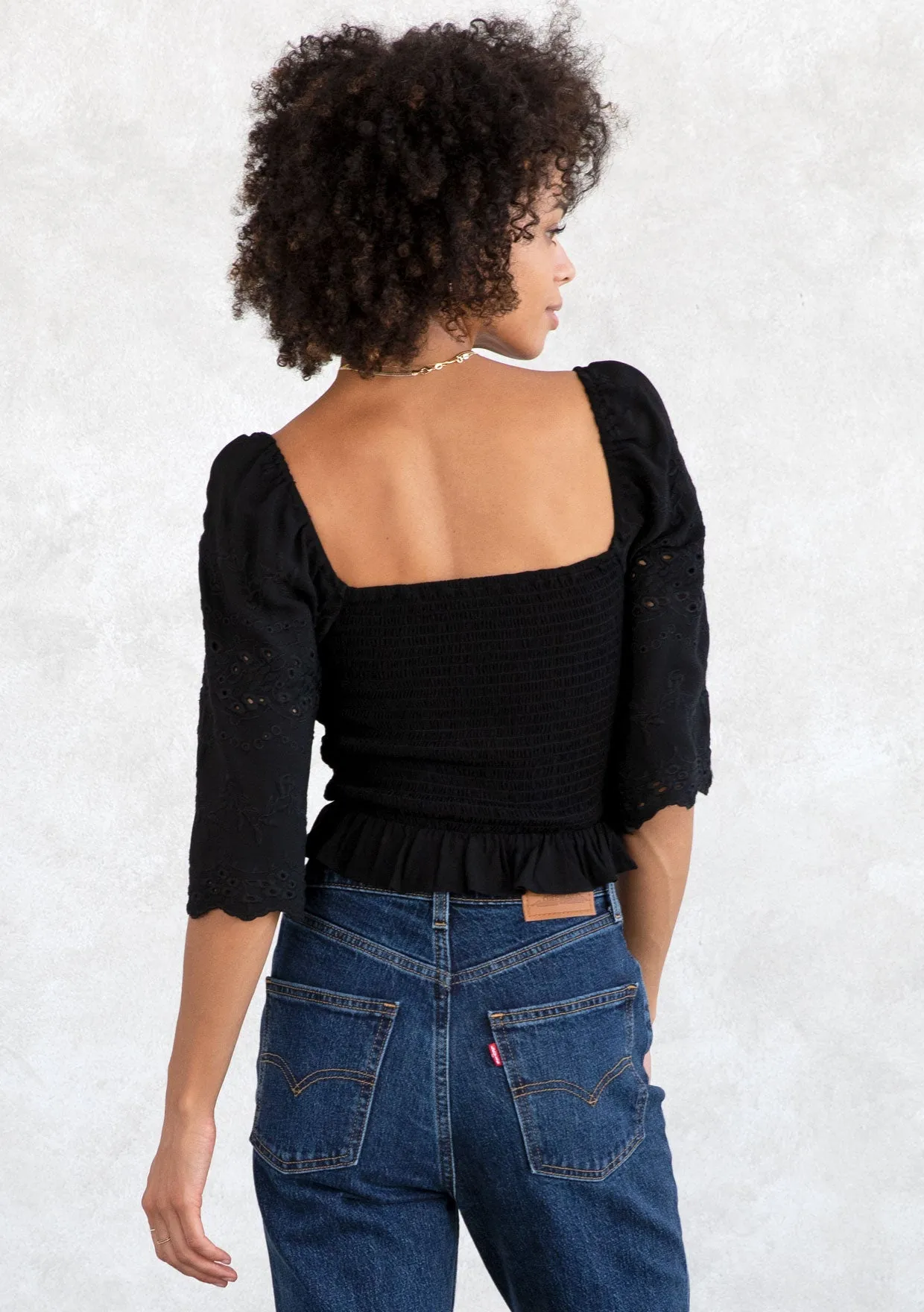 Eyelet Embroidered Smocked Half Sleeve Crop Top