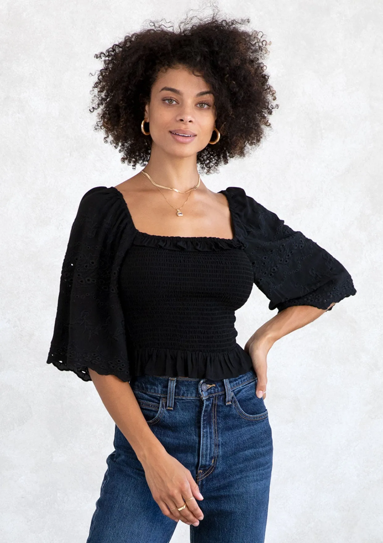 Eyelet Embroidered Smocked Half Sleeve Crop Top
