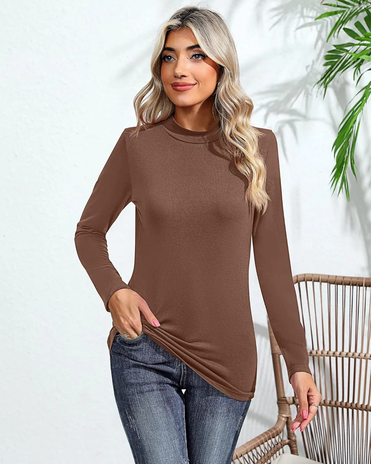 Ficerd 2 Pack Women's Mock Neck Shirts, Long Sleeve Turtleneck Tops Casual Comfy T Shirts Stretch Fitting Trendy Tee