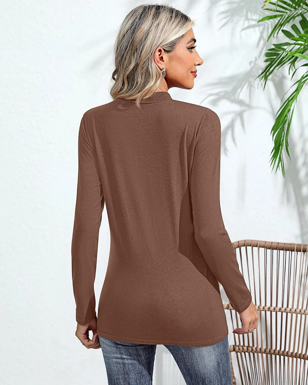 Ficerd 2 Pack Women's Mock Neck Shirts, Long Sleeve Turtleneck Tops Casual Comfy T Shirts Stretch Fitting Trendy Tee