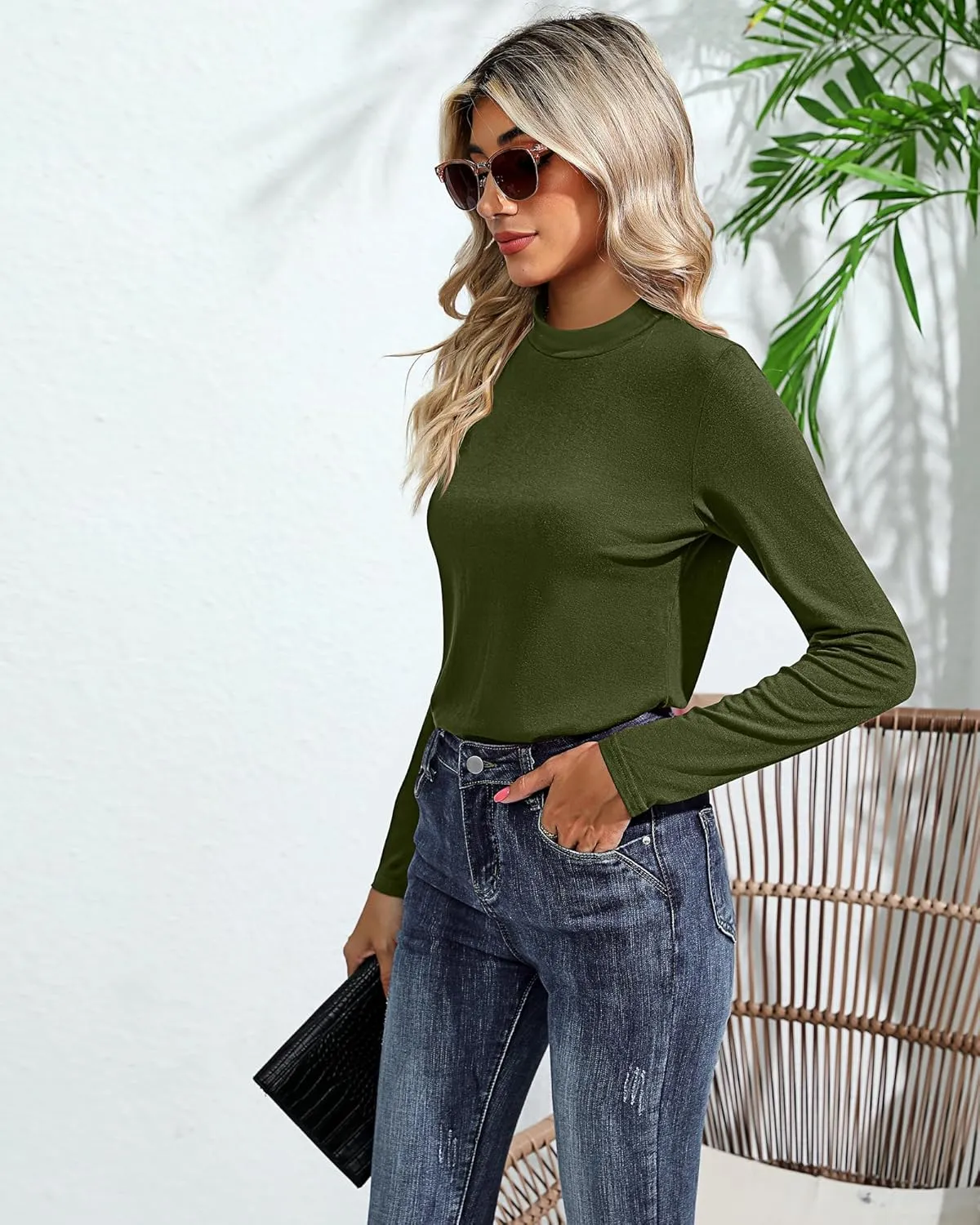 Ficerd 2 Pack Women's Mock Neck Shirts, Long Sleeve Turtleneck Tops Casual Comfy T Shirts Stretch Fitting Trendy Tee