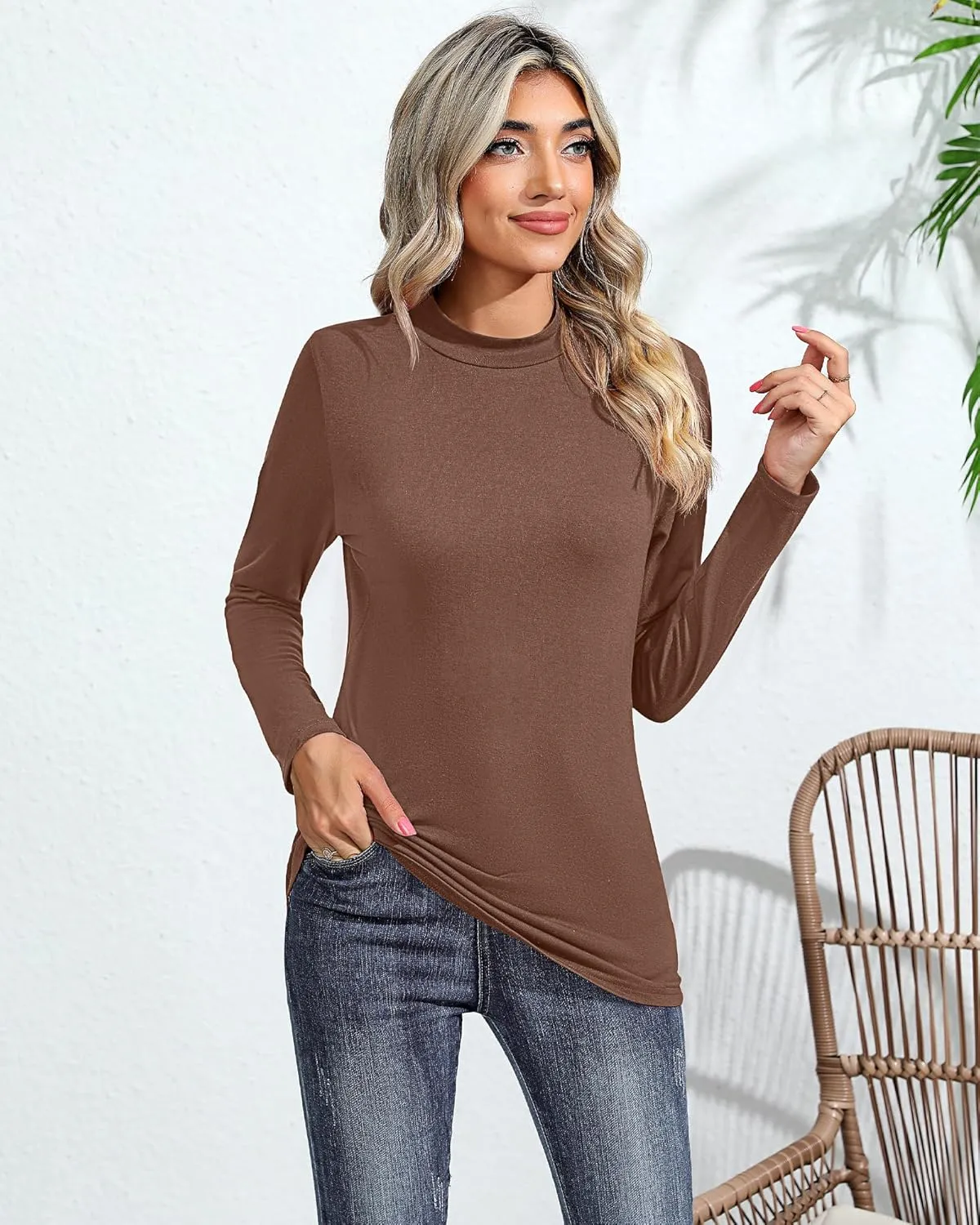 Ficerd 2 Pack Women's Mock Neck Shirts, Long Sleeve Turtleneck Tops Casual Comfy T Shirts Stretch Fitting Trendy Tee