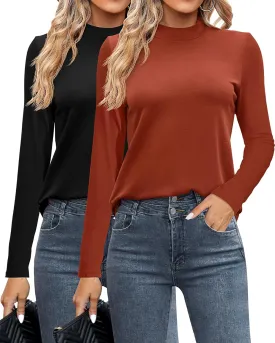 Ficerd 2 Pack Women's Mock Neck Shirts, Long Sleeve Turtleneck Tops Casual Comfy T Shirts Stretch Fitting Trendy Tee