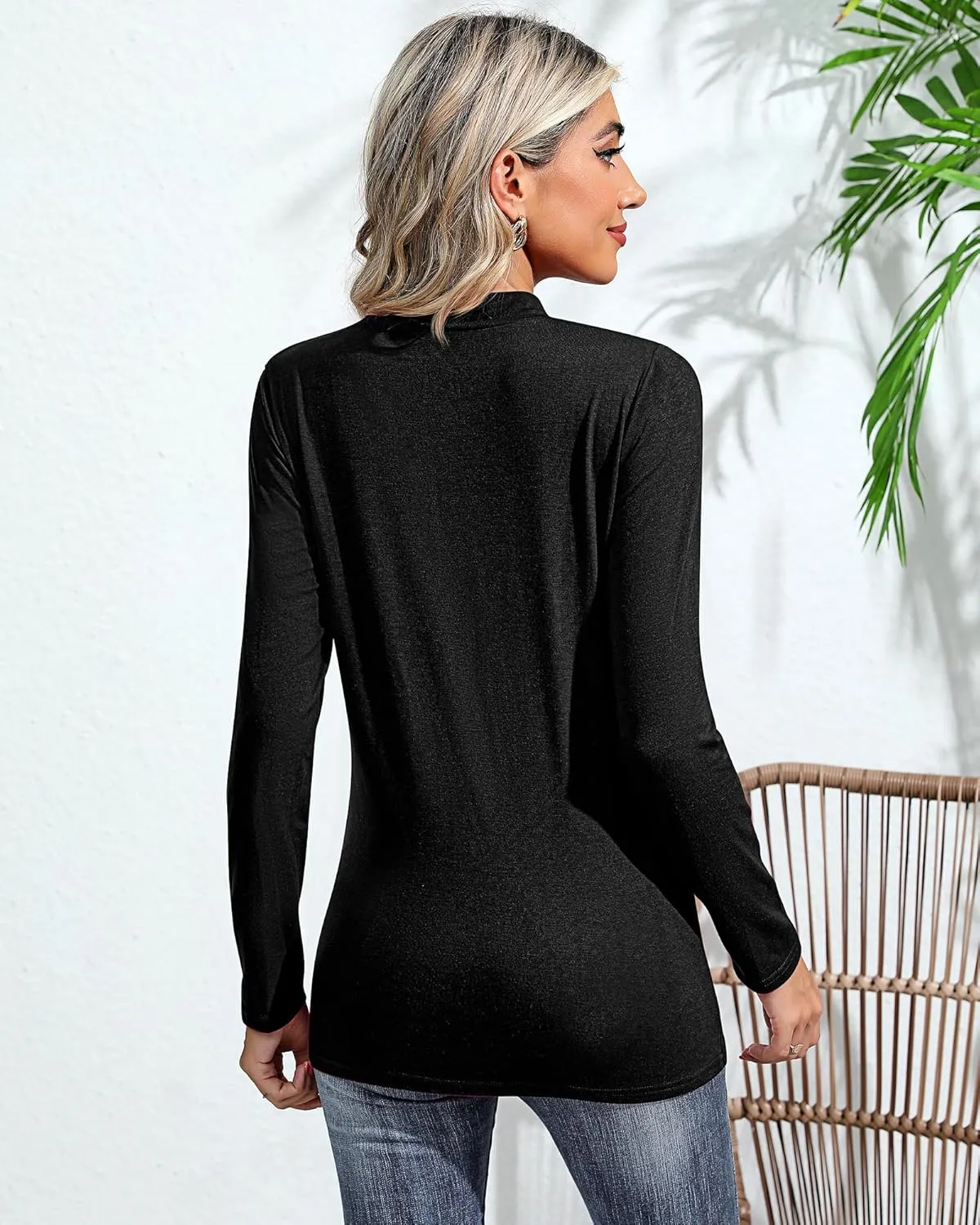 Ficerd 2 Pack Women's Mock Neck Shirts, Long Sleeve Turtleneck Tops Casual Comfy T Shirts Stretch Fitting Trendy Tee