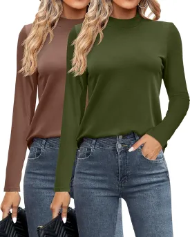Ficerd 2 Pack Women's Mock Neck Shirts, Long Sleeve Turtleneck Tops Casual Comfy T Shirts Stretch Fitting Trendy Tee