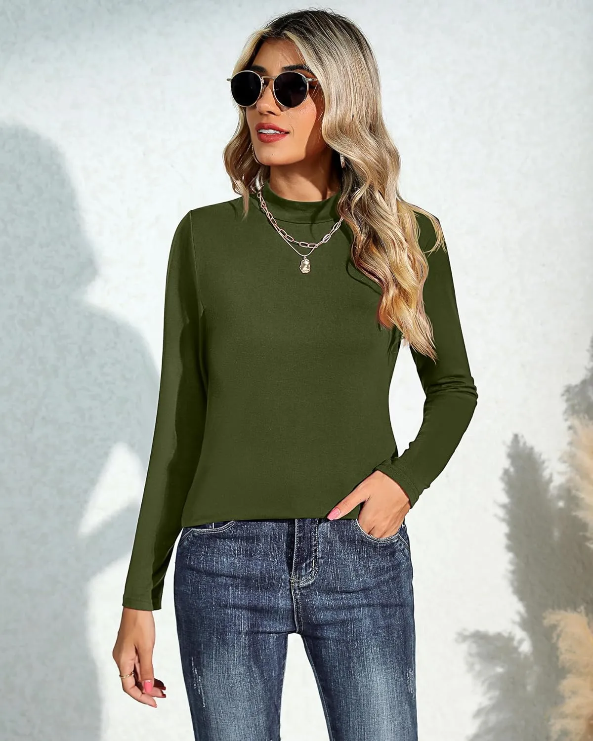 Ficerd 2 Pack Women's Mock Neck Shirts, Long Sleeve Turtleneck Tops Casual Comfy T Shirts Stretch Fitting Trendy Tee