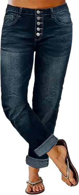 Flamingals Straight Leg Low Rise Button Fly Boyfriend Jeans for Women
