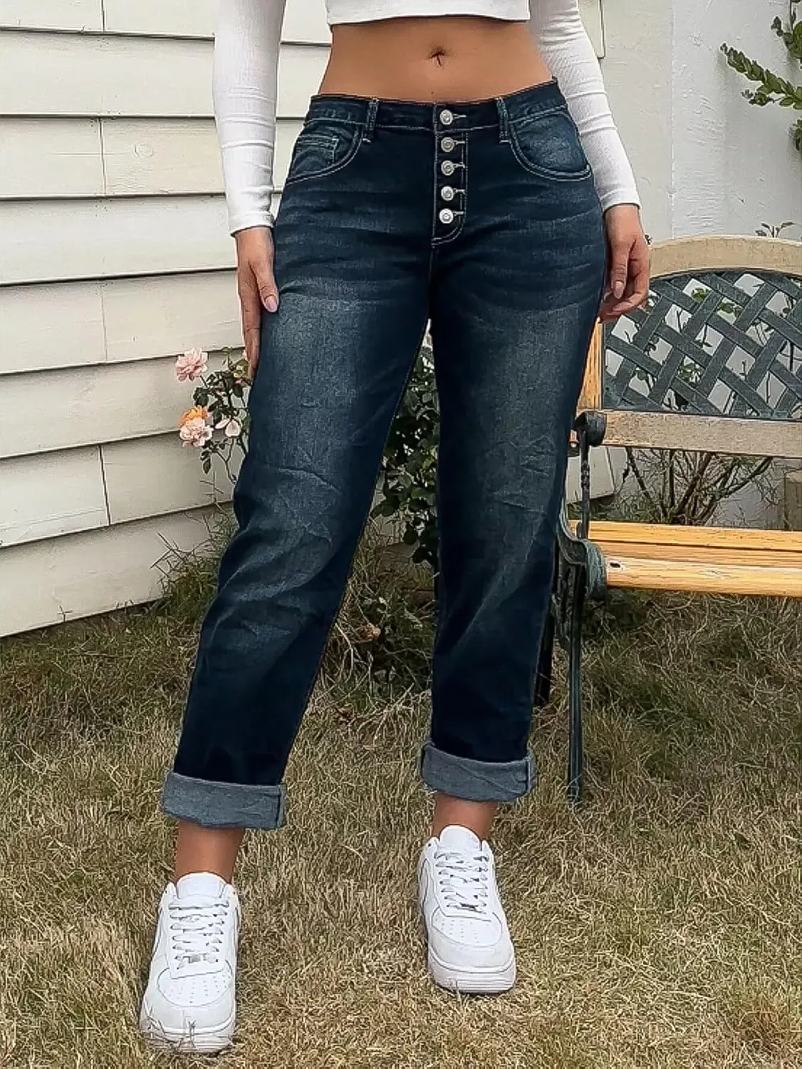 Flamingals Straight Leg Low Rise Button Fly Boyfriend Jeans for Women