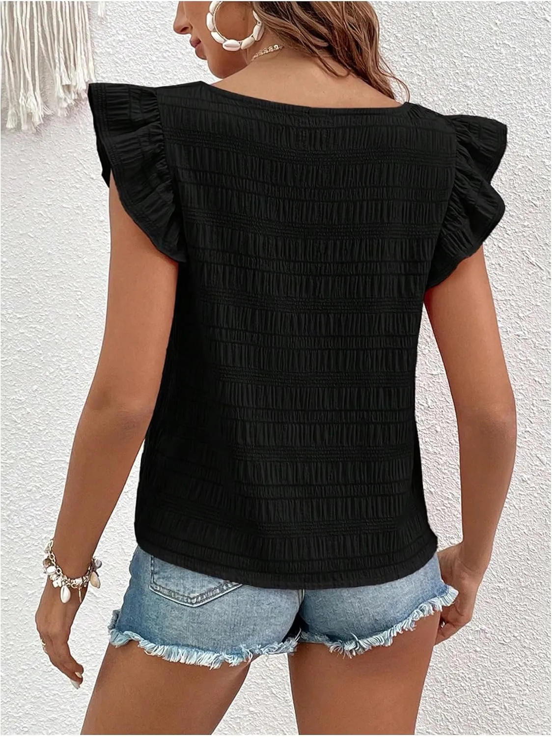 Floerns Women's Ruffle Cap Sleeve Square Neck Textured Summer Blouse Tops