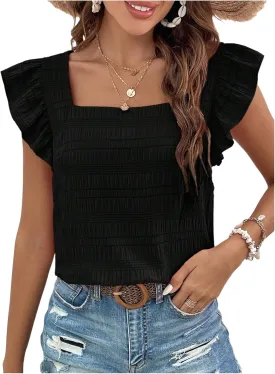Floerns Women's Ruffle Cap Sleeve Square Neck Textured Summer Blouse Tops