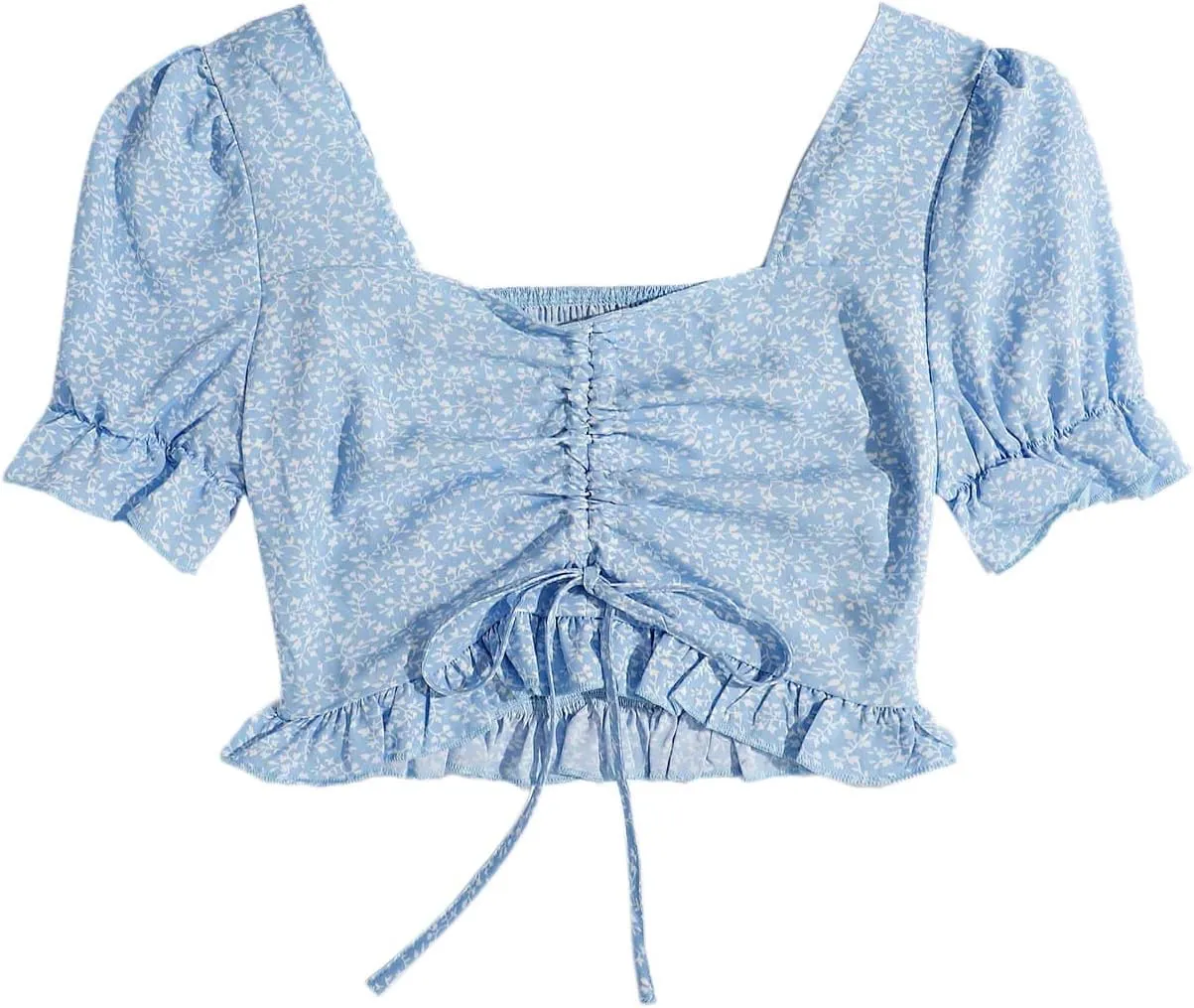 Floerns Women's Summer Square Neck Schiffy Drawstring Front Crop Top Blouse