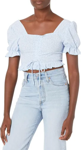 Floerns Women's Summer Square Neck Schiffy Drawstring Front Crop Top Blouse