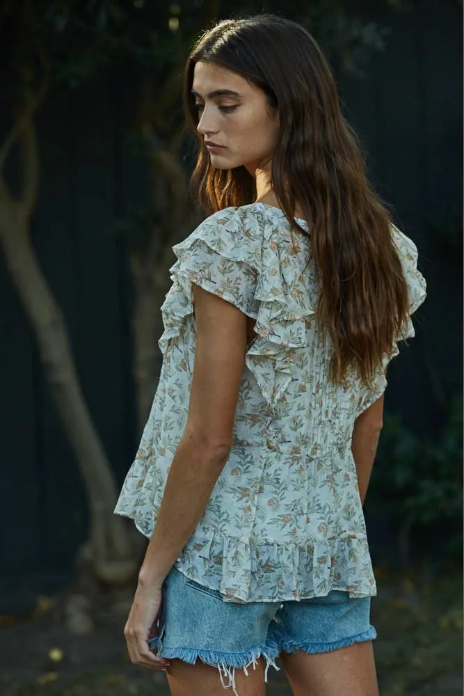 Floral Print Sweetheart Neck Ruffle Blouse
