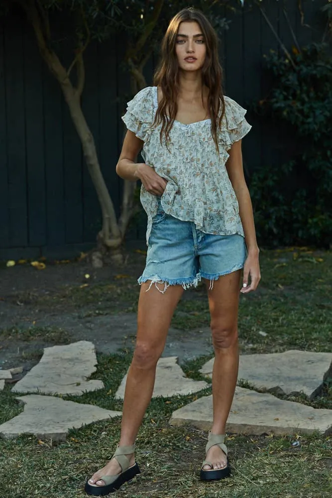 Floral Print Sweetheart Neck Ruffle Blouse