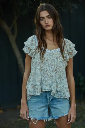 Floral Print Sweetheart Neck Ruffle Blouse