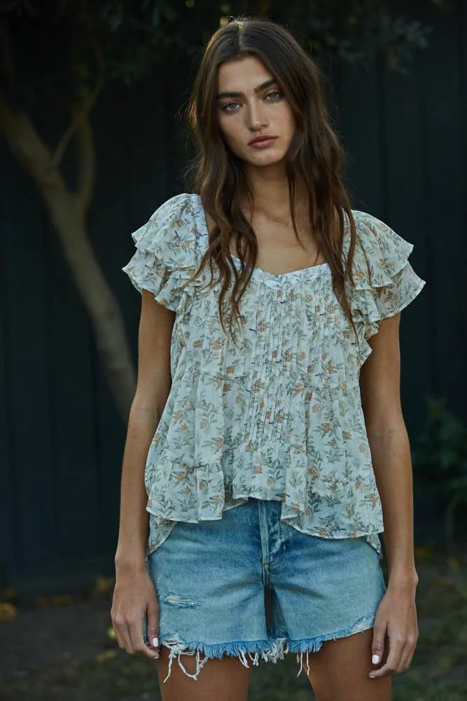 Floral Print Sweetheart Neck Ruffle Blouse