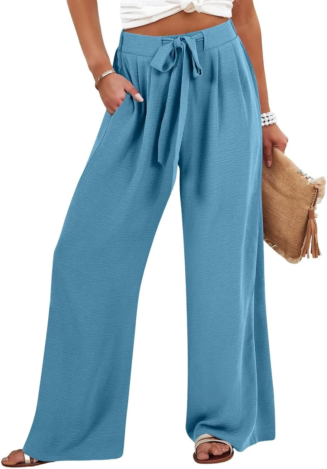Flowy Linen Pants Women Wide Leg Tie Knot Palazzo Pants Loose Beach Pants High Waisted Trousers with Pockets