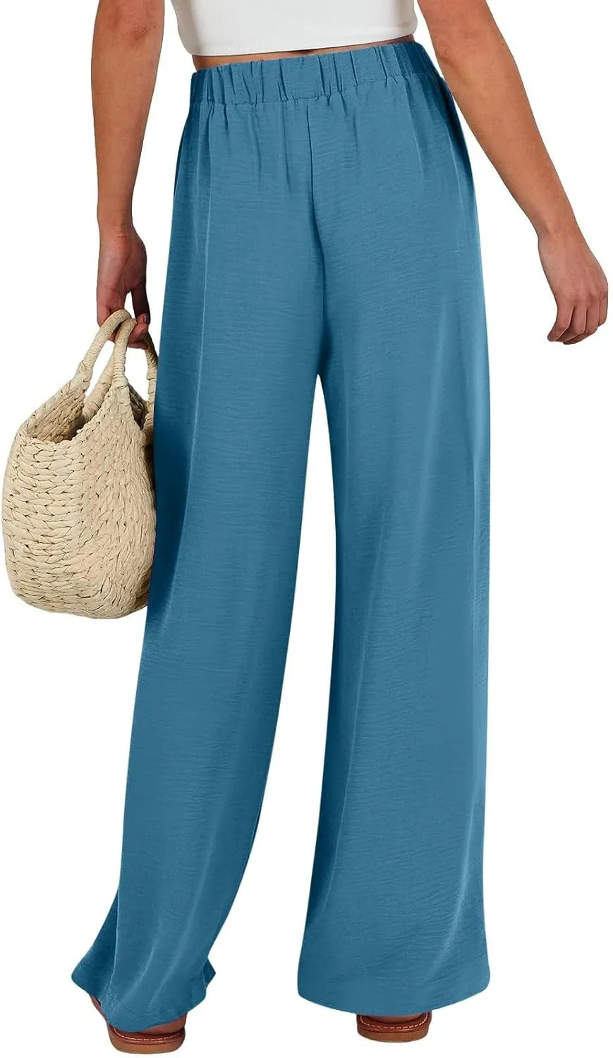 Flowy Linen Pants Women Wide Leg Tie Knot Palazzo Pants Loose Beach Pants High Waisted Trousers with Pockets