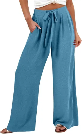 Flowy Linen Pants Women Wide Leg Tie Knot Palazzo Pants Loose Beach Pants High Waisted Trousers with Pockets
