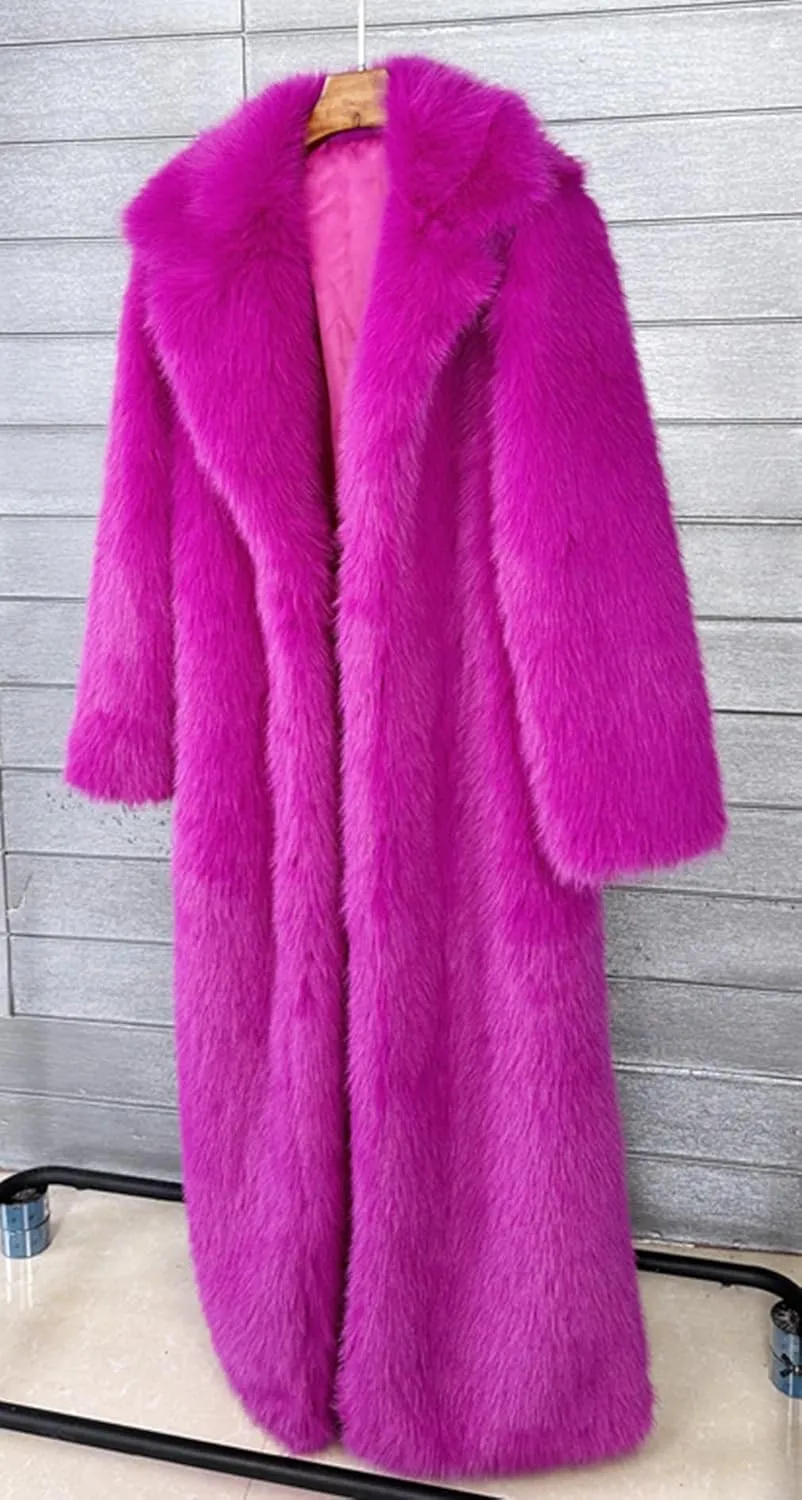 Fluffy Faux Fur Long Overcoat,Warm Outwear Parka Long Coat with Sleeves