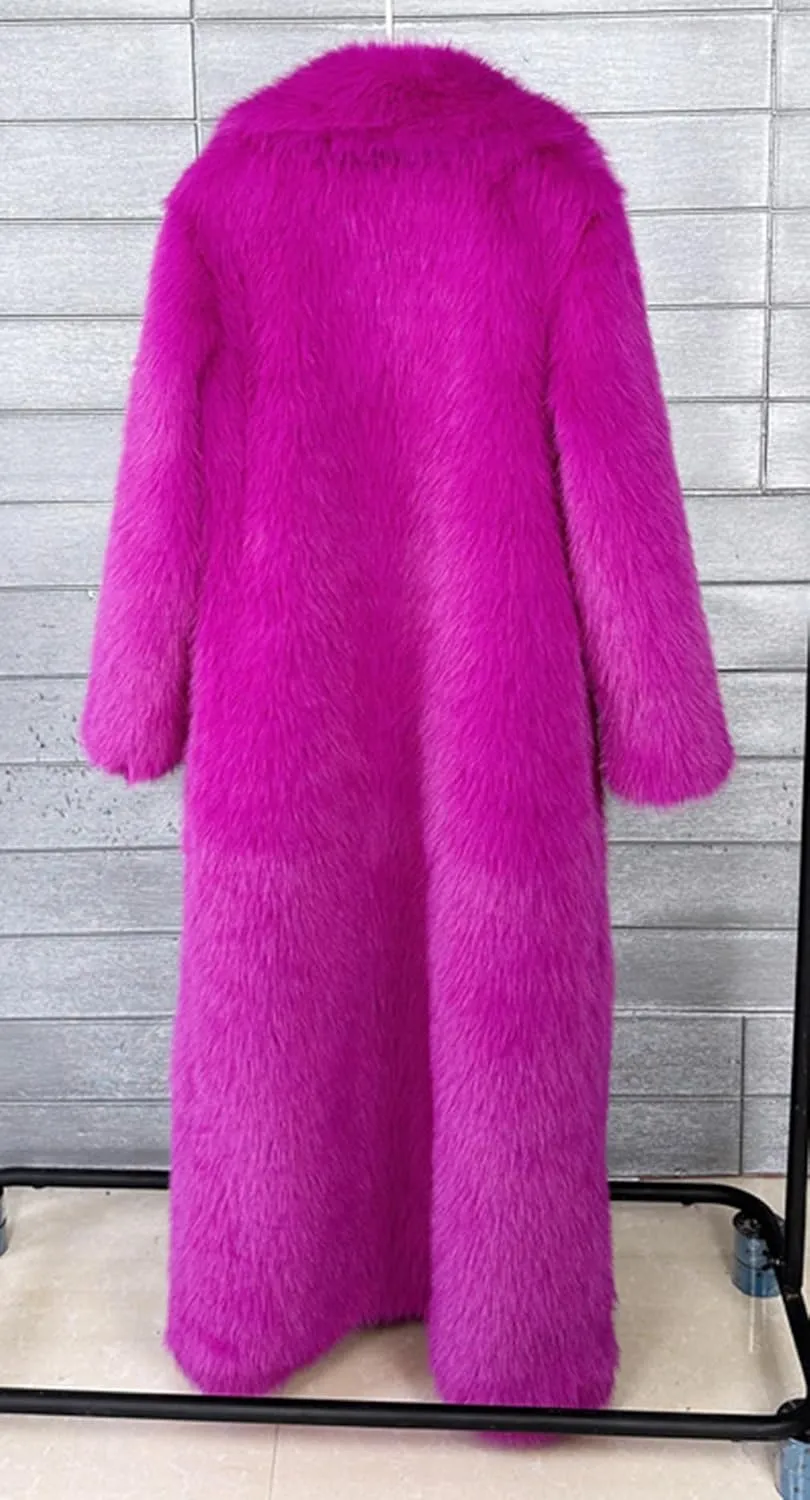 Fluffy Faux Fur Long Overcoat,Warm Outwear Parka Long Coat with Sleeves