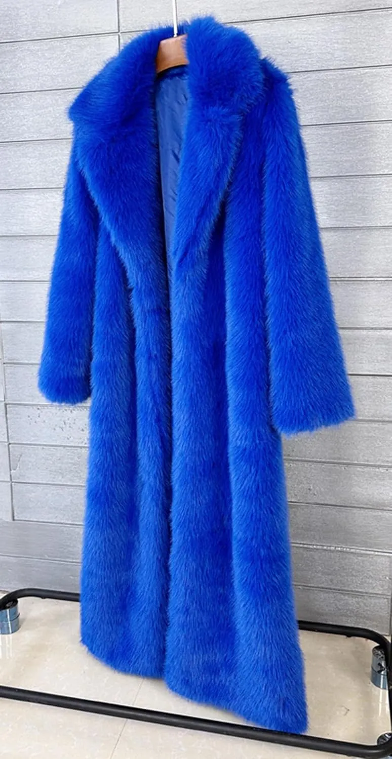 Fluffy Faux Fur Long Overcoat,Warm Outwear Parka Long Coat with Sleeves