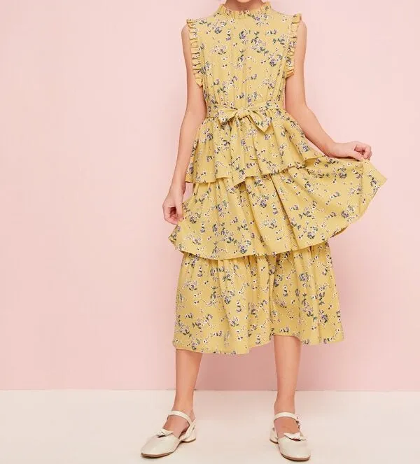 Frill Trim Layered Belted Floral Dress