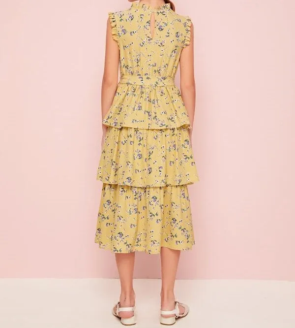Frill Trim Layered Belted Floral Dress