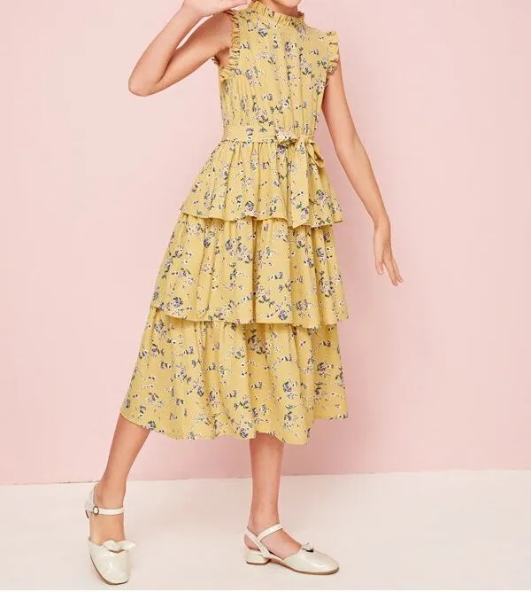 Frill Trim Layered Belted Floral Dress