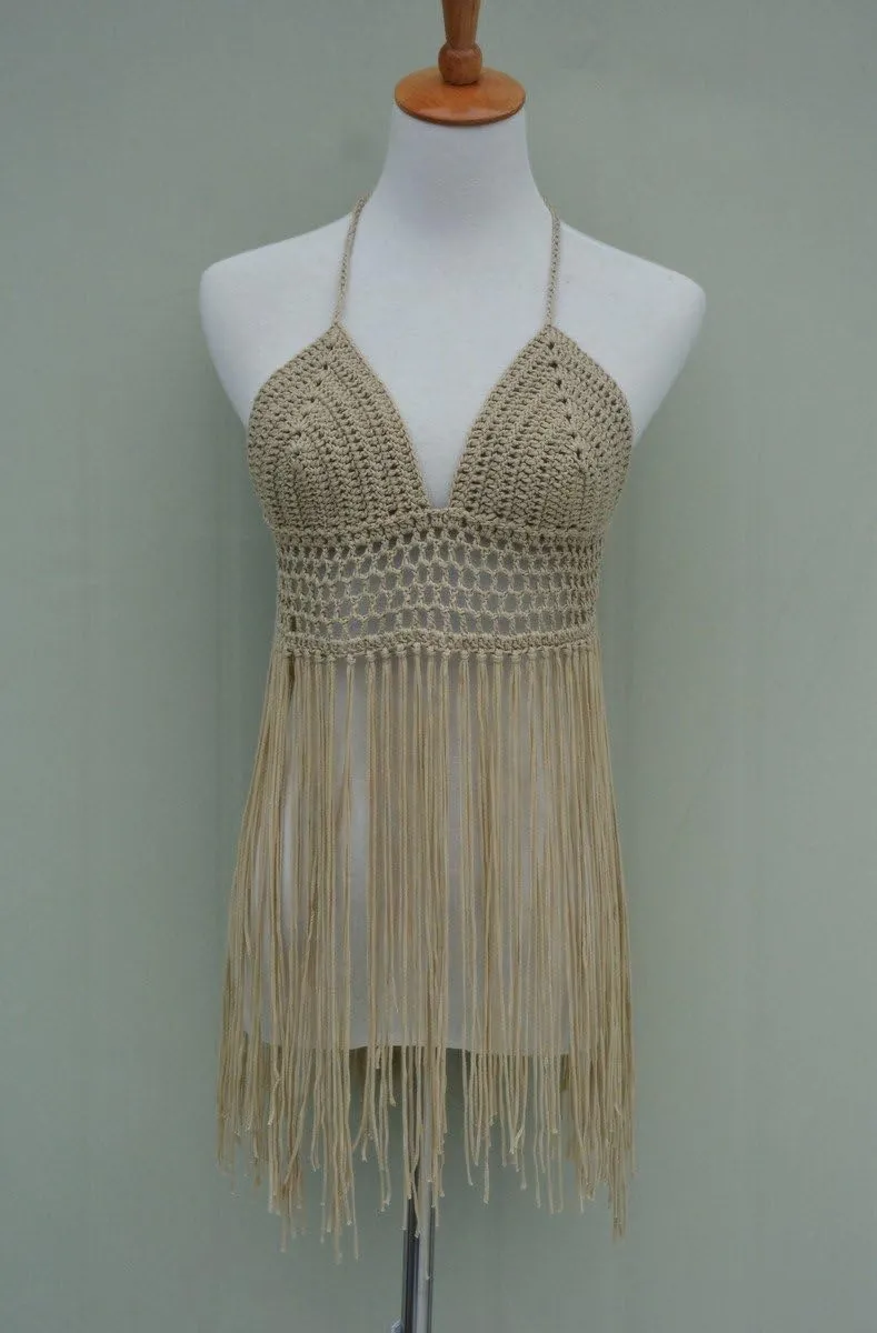 Fringe Bikini Halter Crop Top Handmade Crochet Swimsuit Summer Beachwear