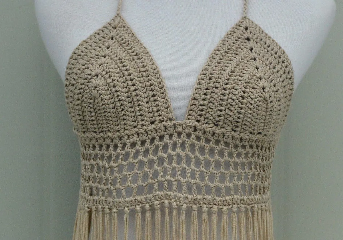 Fringe Bikini Halter Crop Top Handmade Crochet Swimsuit Summer Beachwear