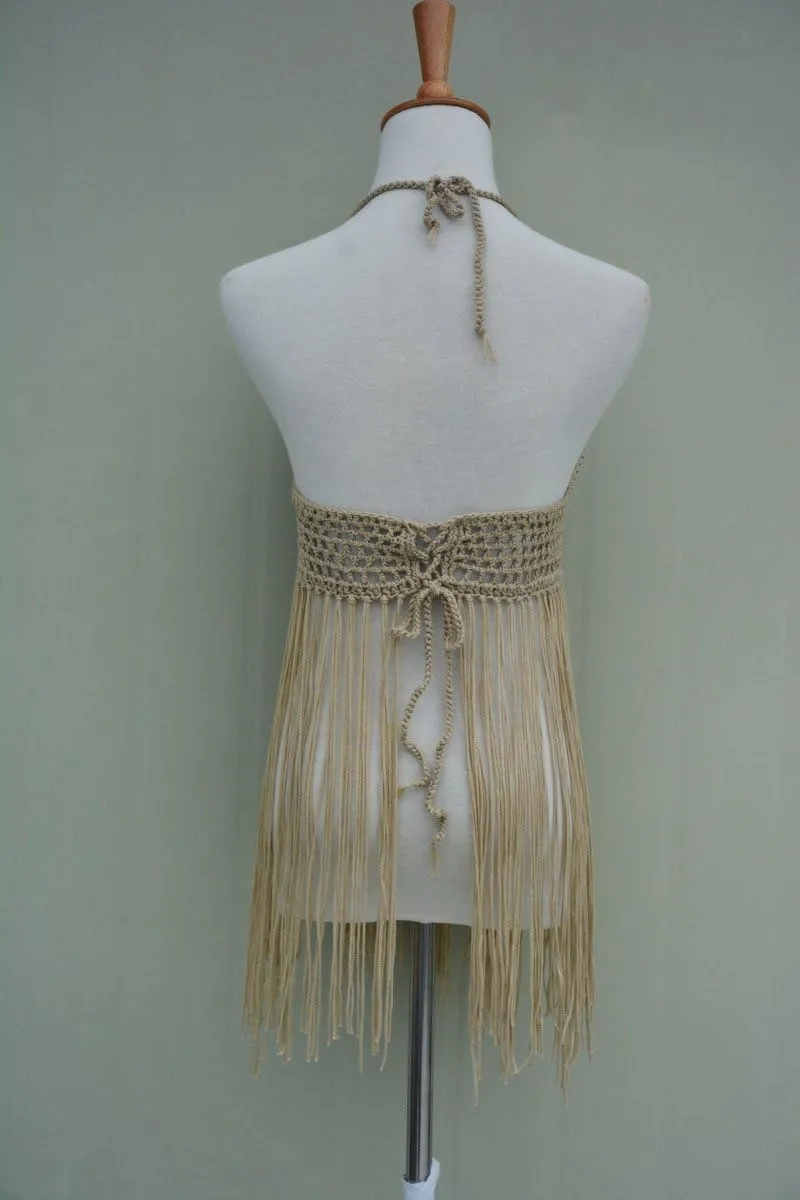 Fringe Bikini Halter Crop Top Handmade Crochet Swimsuit Summer Beachwear