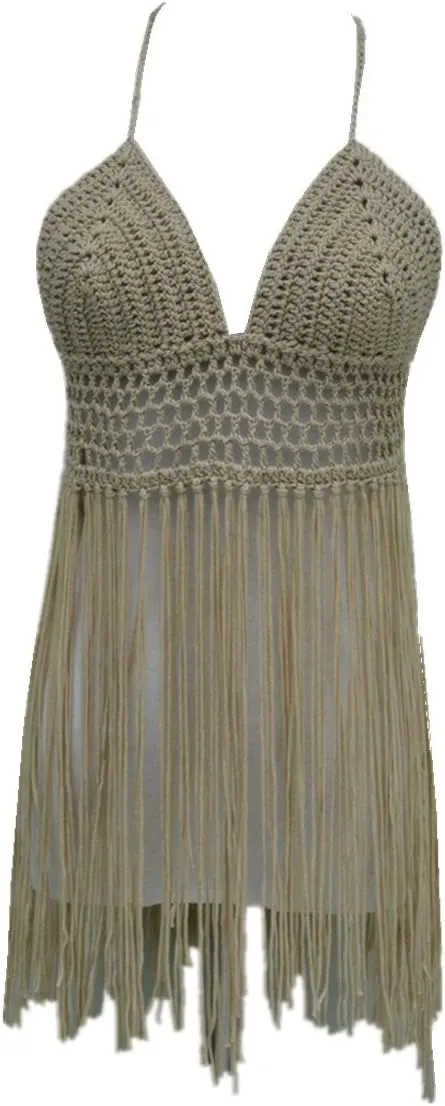 Fringe Bikini Halter Crop Top Handmade Crochet Swimsuit Summer Beachwear