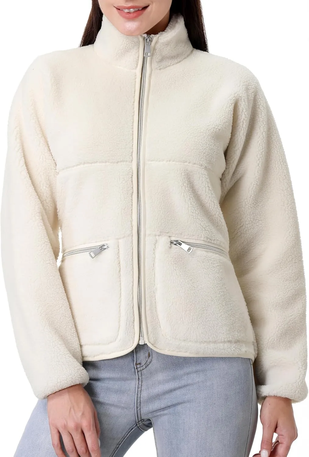 GIMECEN Women's Fuzzy Fleece Jacket Long Sleeve Zip Up Sherpa Coat Soft Polar Outerwear with Zipper Pockets