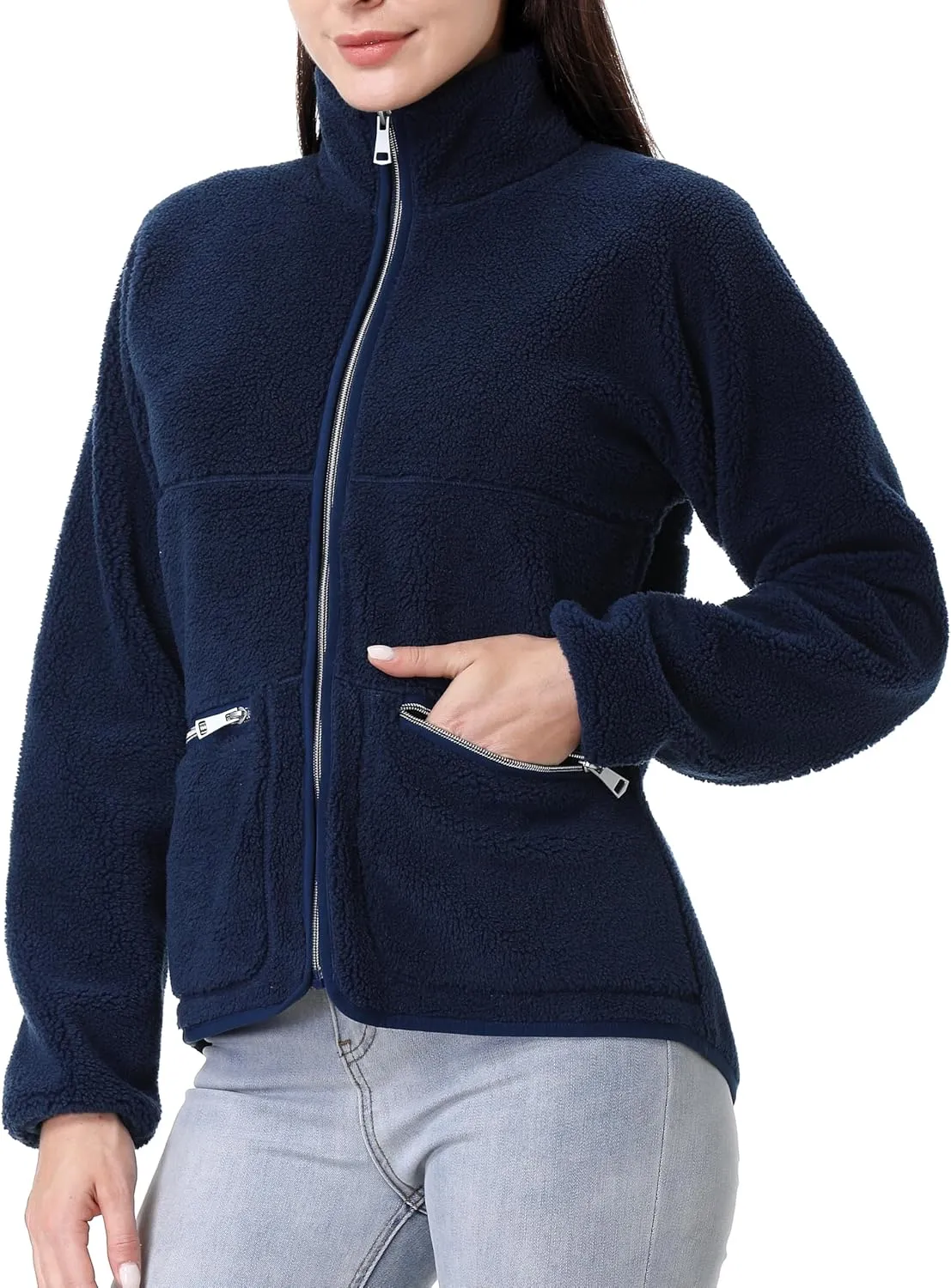 GIMECEN Women's Fuzzy Fleece Jacket Long Sleeve Zip Up Sherpa Coat Soft Polar Outerwear with Zipper Pockets