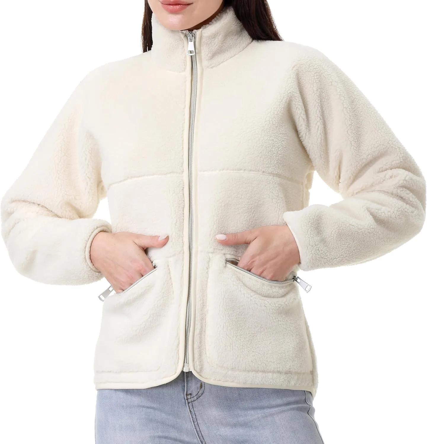 GIMECEN Women's Fuzzy Fleece Jacket Long Sleeve Zip Up Sherpa Coat Soft Polar Outerwear with Zipper Pockets