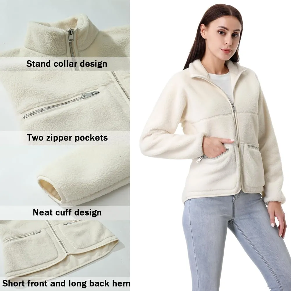 GIMECEN Women's Fuzzy Fleece Jacket Long Sleeve Zip Up Sherpa Coat Soft Polar Outerwear with Zipper Pockets