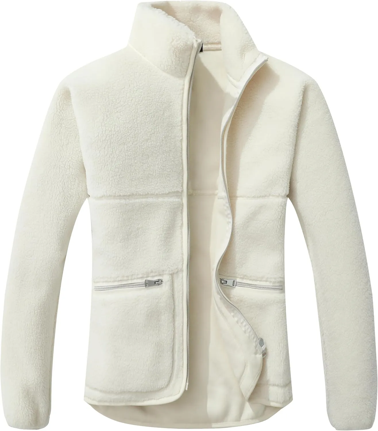 GIMECEN Women's Fuzzy Fleece Jacket Long Sleeve Zip Up Sherpa Coat Soft Polar Outerwear with Zipper Pockets