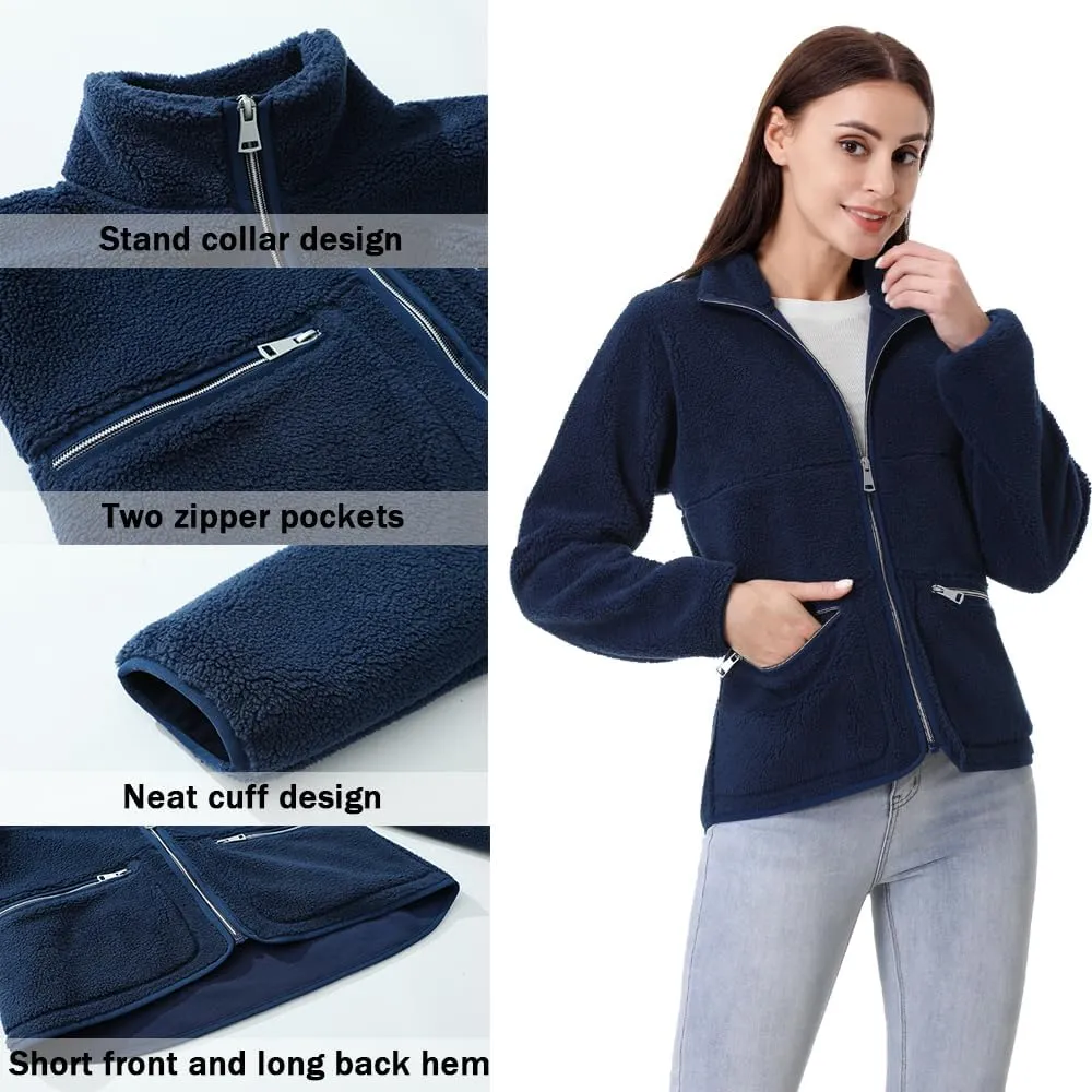 GIMECEN Women's Fuzzy Fleece Jacket Long Sleeve Zip Up Sherpa Coat Soft Polar Outerwear with Zipper Pockets