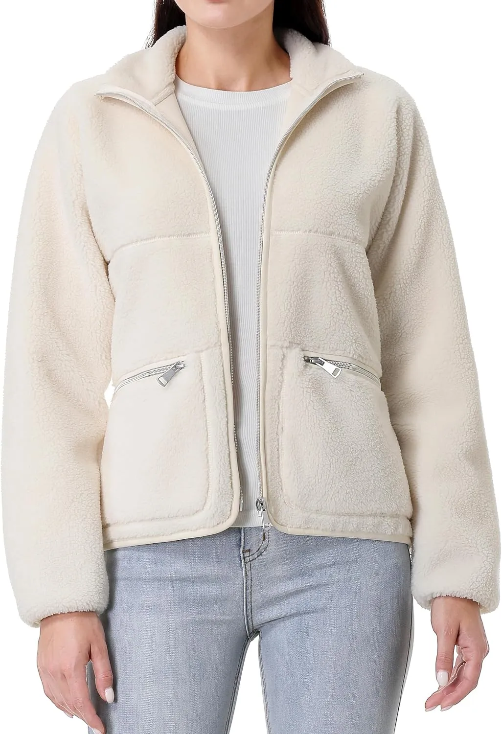 GIMECEN Women's Fuzzy Fleece Jacket Long Sleeve Zip Up Sherpa Coat Soft Polar Outerwear with Zipper Pockets
