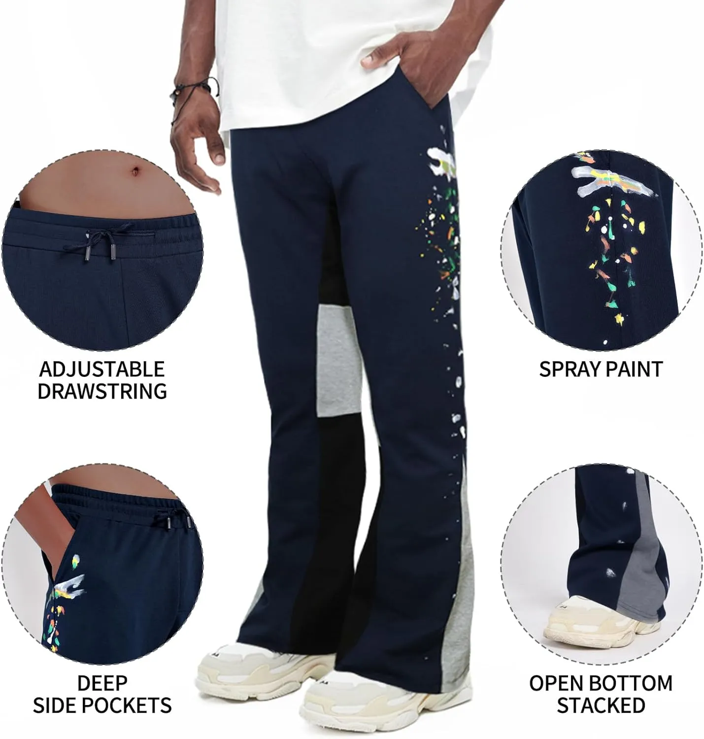 GINGTTO Mens Sweatpants Open Bottom Patchwork Stacked Paint Track Pants