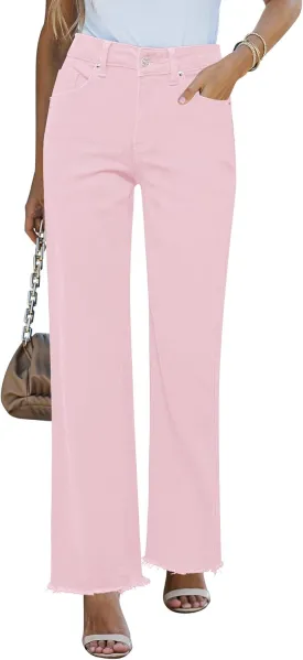 GRAPENT Straight Leg Jeans for Women High Waisted Stretchy Frayed Raw Hem Loose Denim Pants Casual Baggy Jean Trousers