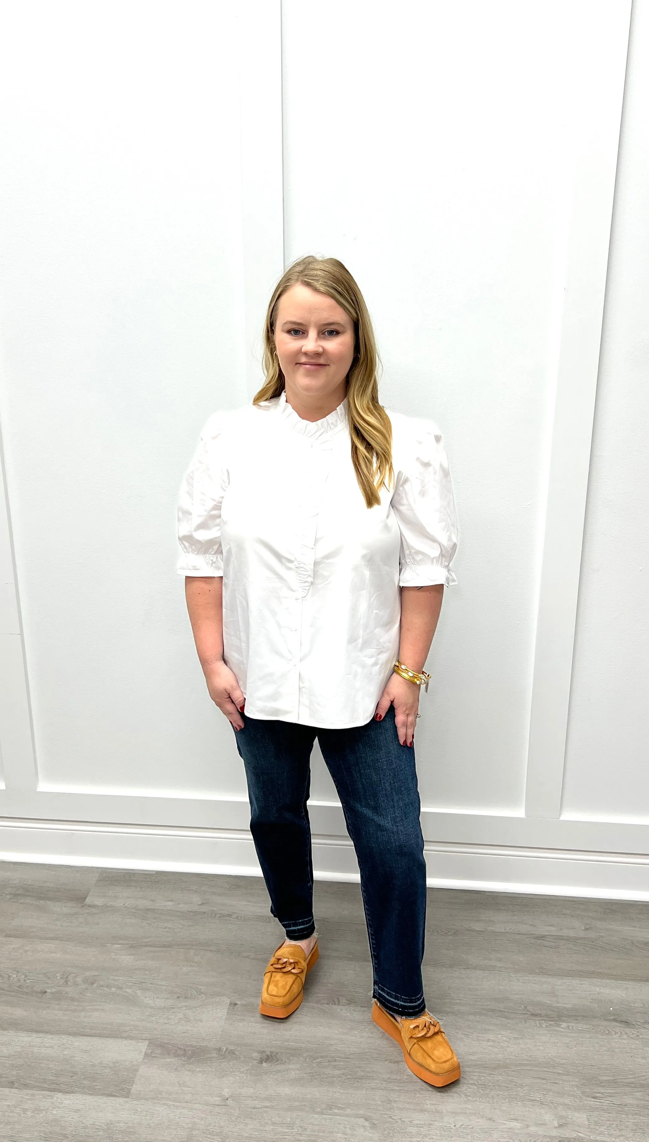 Gwen Cotton Ruffle Collar 3/4 Sleeve - White