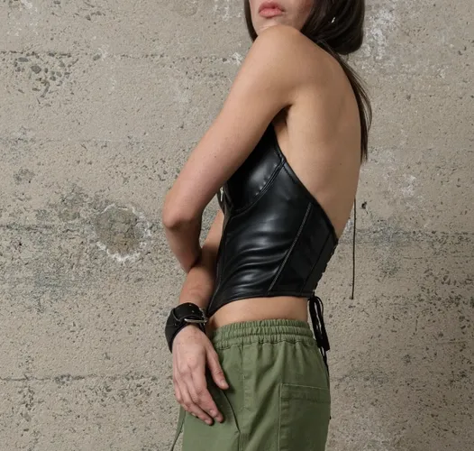 Halter Leather Zip Up Front Corset Top