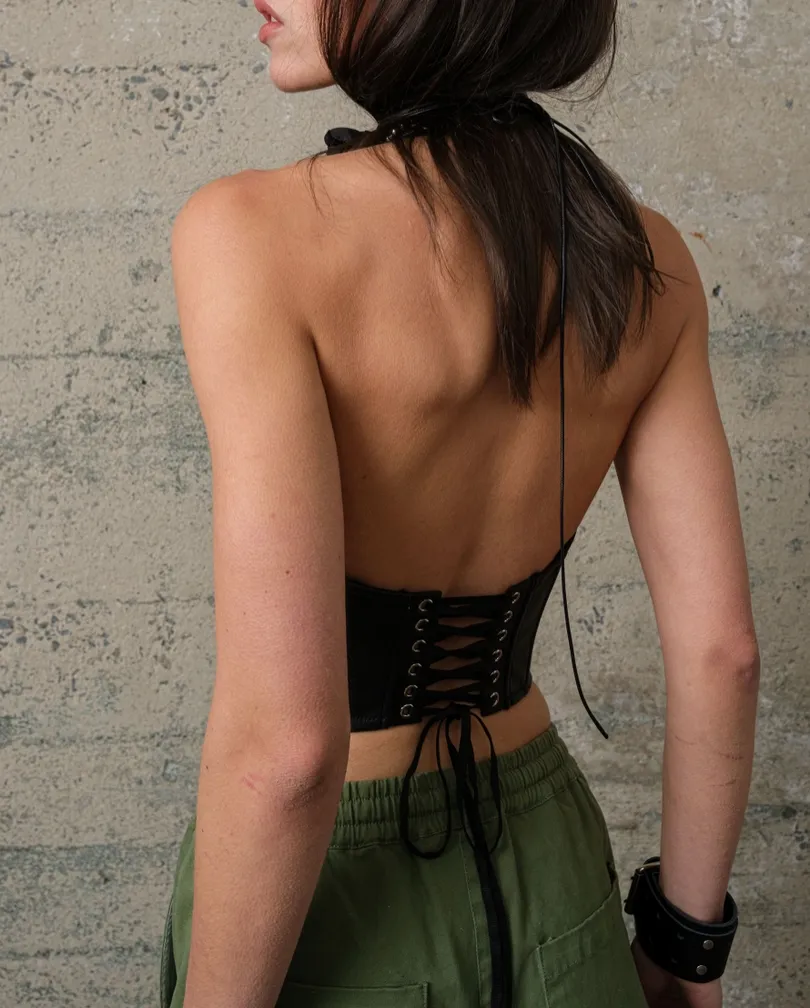 Halter Leather Zip Up Front Corset Top