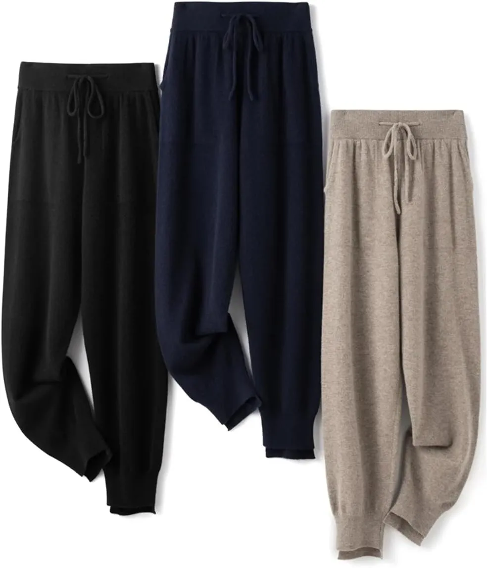Hndudnff Women Loose Merino Wool Knitting Wide Leg Pants Winter Warm Thick Casual Soft Long Trousers