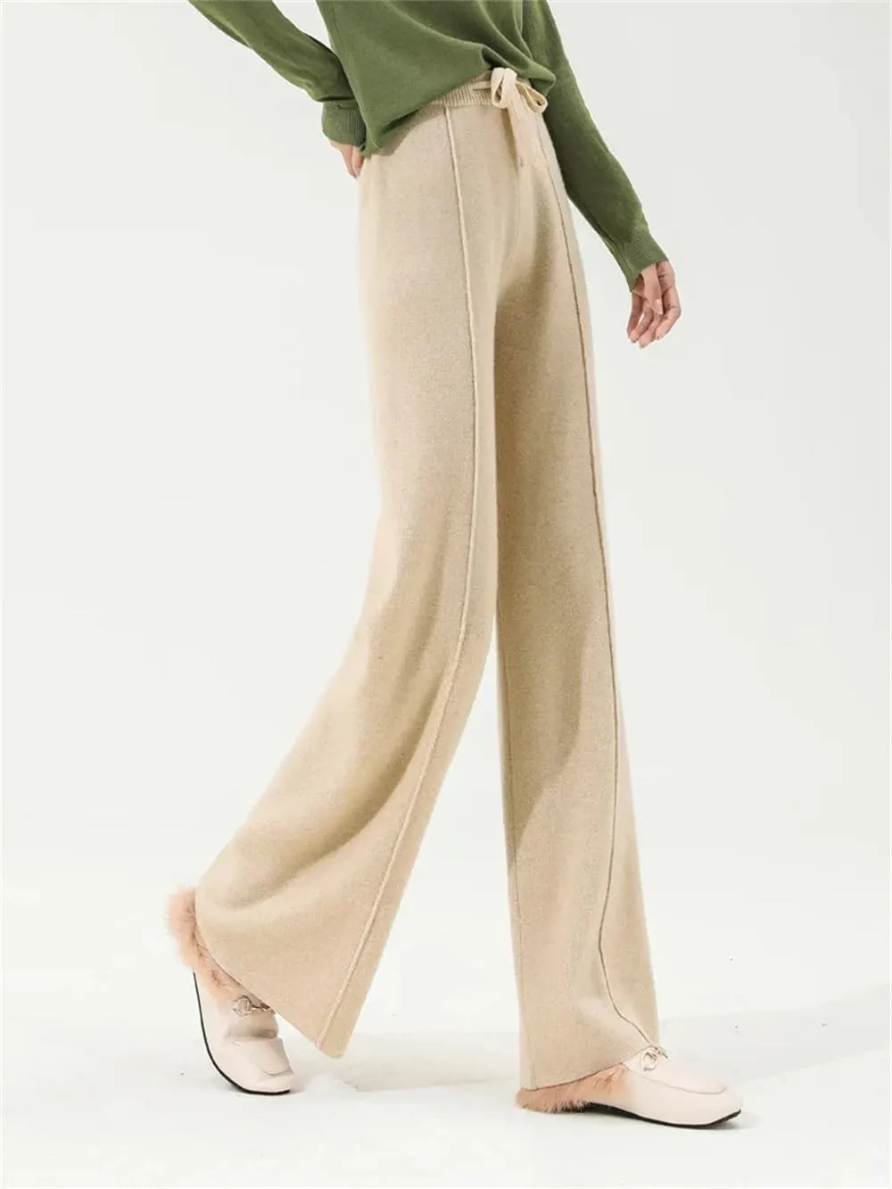 Hndudnff Women Loose Wool Knit Wide Leg Pants Winter Warm Floor Length Soft Long Trousers