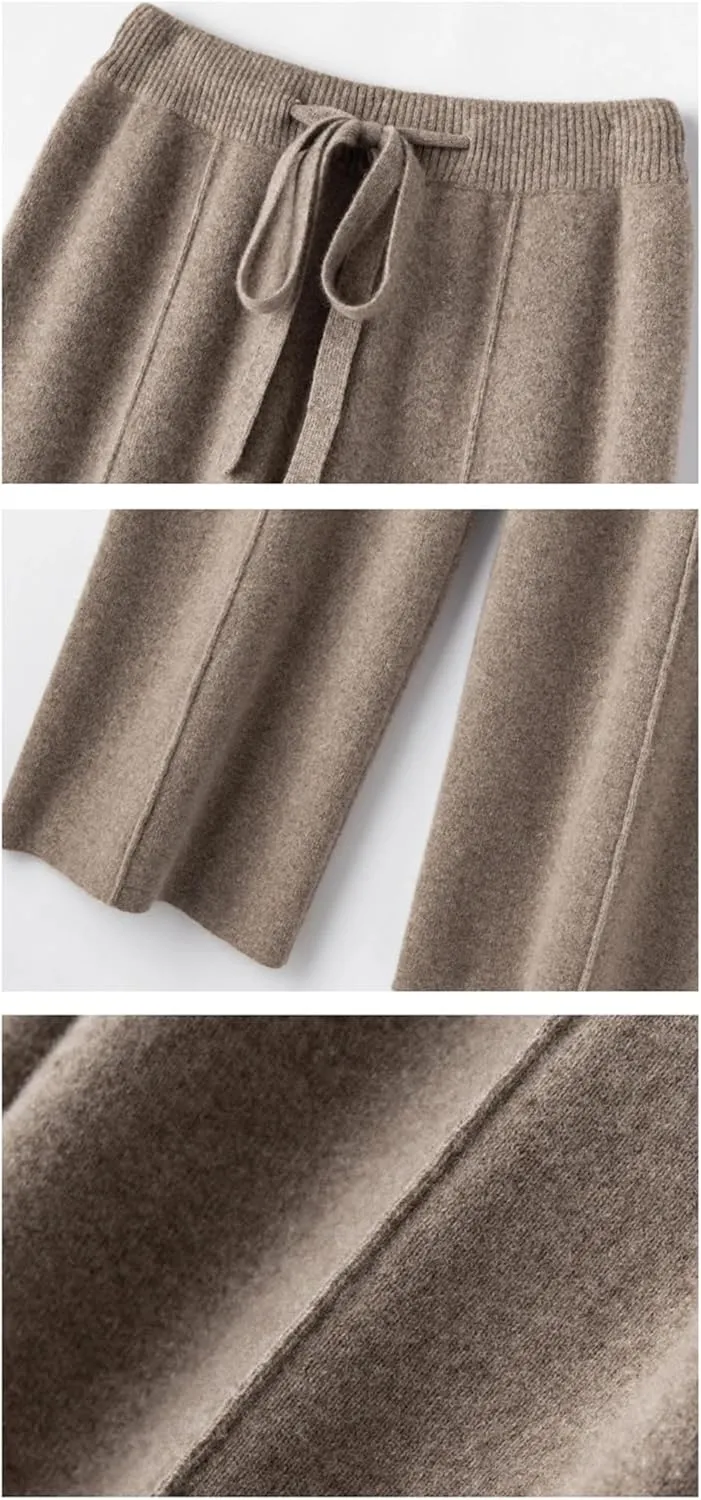 Hndudnff Women Loose Wool Knit Wide Leg Pants Winter Warm Floor Length Soft Long Trousers
