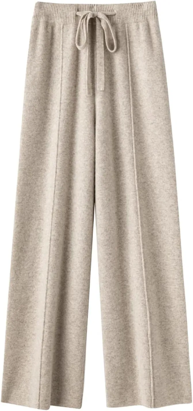 Hndudnff Women Loose Wool Knit Wide Leg Pants Winter Warm Floor Length Soft Long Trousers