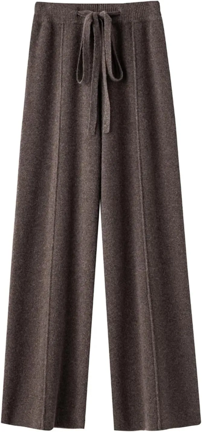 Hndudnff Women Loose Wool Knit Wide Leg Pants Winter Warm Floor Length Soft Long Trousers